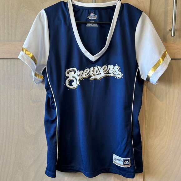 Majestic Fan Fashion Women's Milwaukee Brewers Shirt with Embedded Jewels - Picture 1 of 8